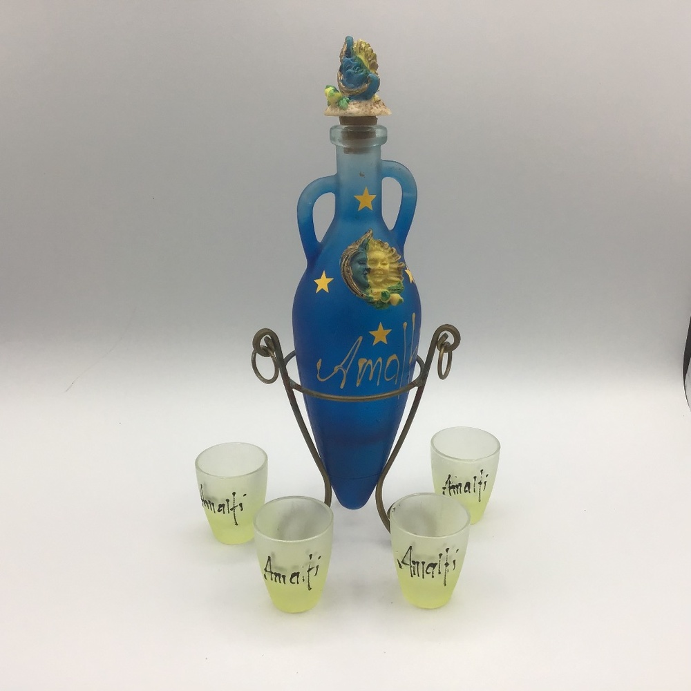 Italian Amalfi Souvenir Glass Amphora/Flask w Metal Stand and 4 Limoncello fr